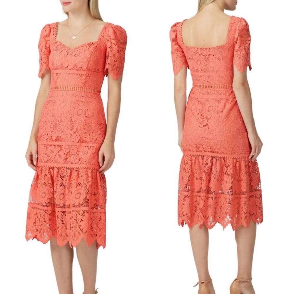 Saylor Louisa Lace Sweetheart Midi Dress Coral Peach Wedding Shower Brid